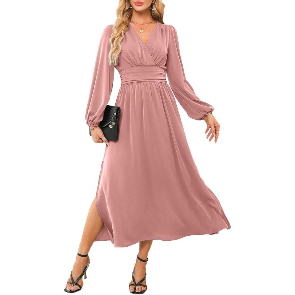 Women's V-Neck Empire Waist Dress Lantern Sleeves Ruched Maxi for Semi Formal